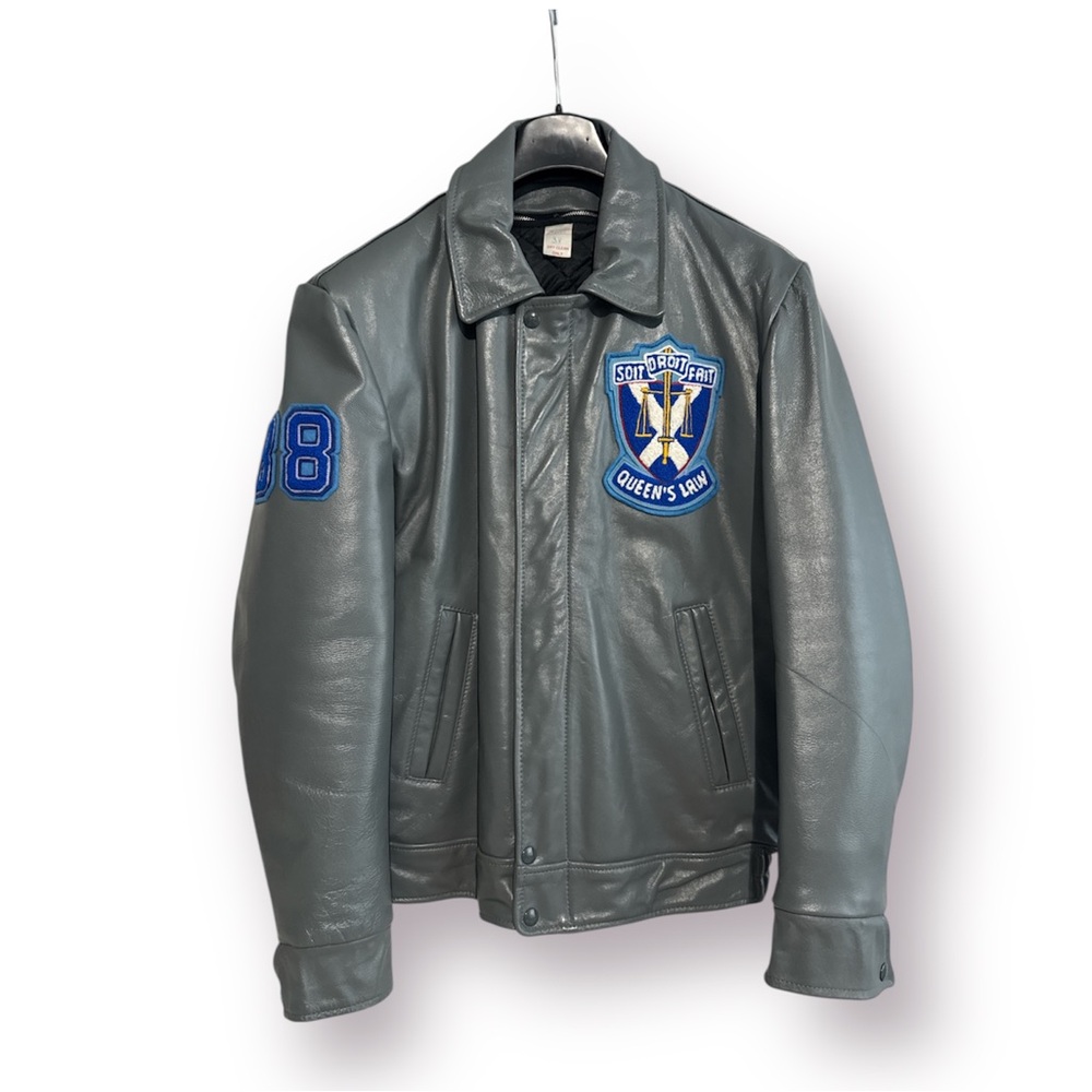 Men's Vintage Gray Varsity Leather Jacket with Blue Accents
